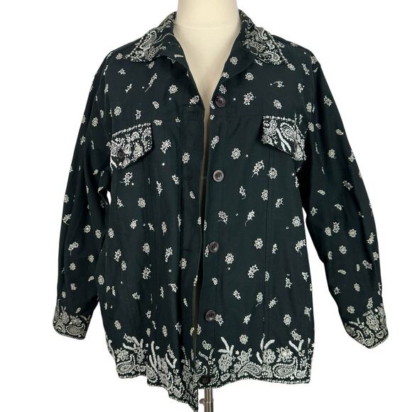 Quacker Factory Jacket Women 2X Black Bandana Embellished Western Boho Artsy - Picture 1 of 14